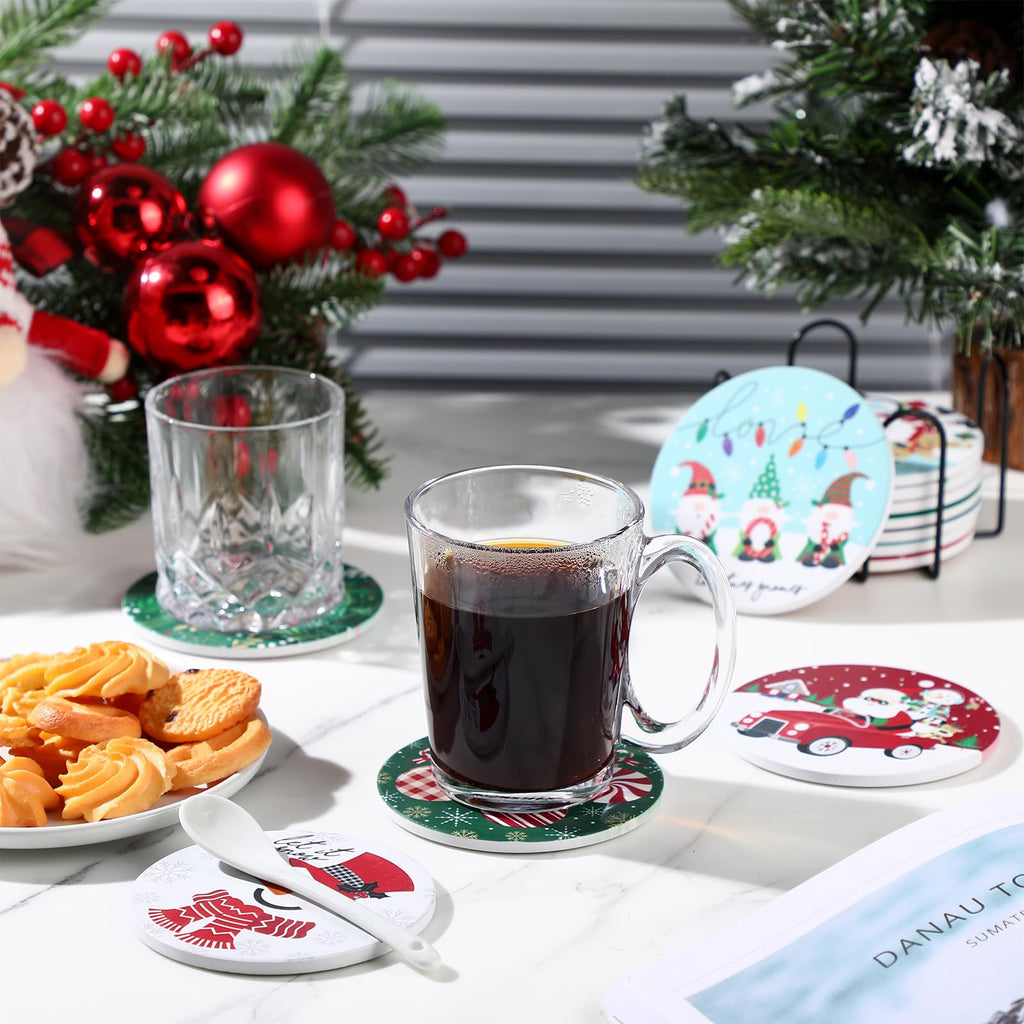 12 Pcs Ceramic Coasters with Holder, Cork Backing, Christmas Style