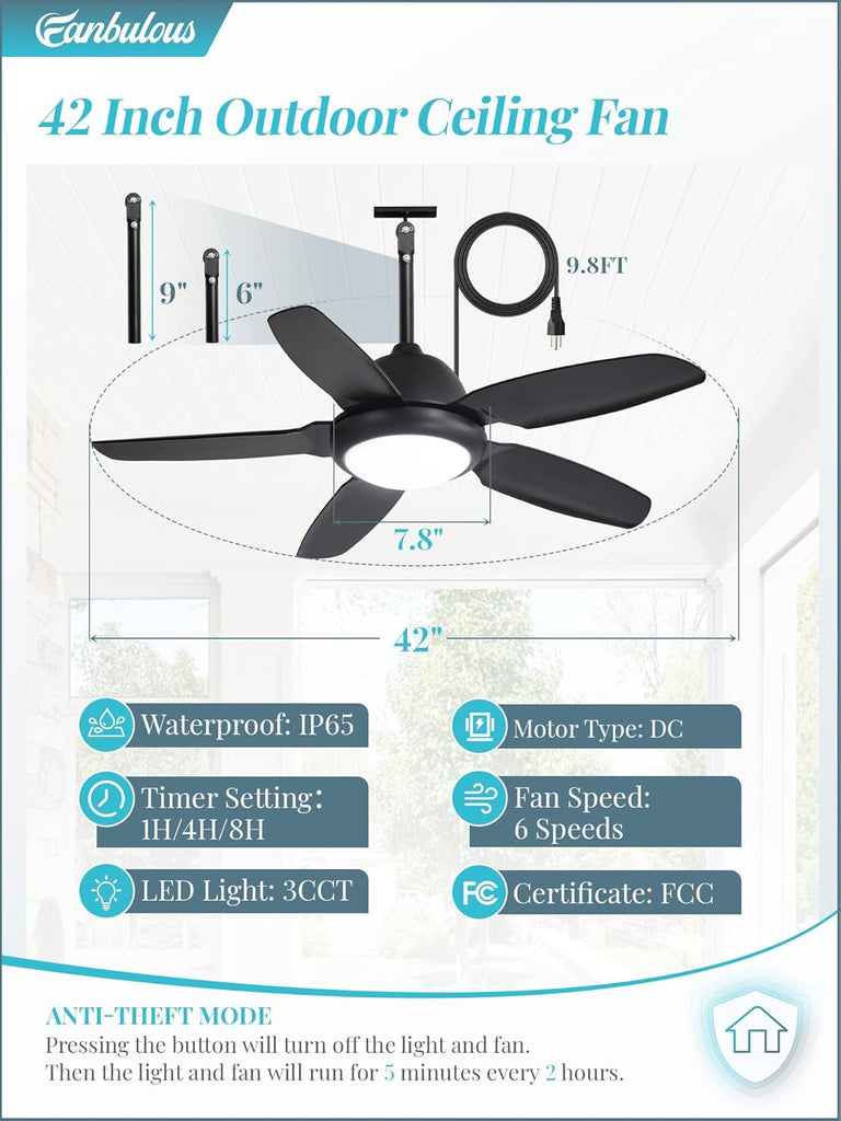42 Inch Waterproof Outdoor Ceiling Fan with Lights and Remote,IP65 Hanging Gazebo Fan with 3CCT 6-Speed DC Motor,Black Wet Rated Plug in Ceiling Fan with Cord for Patios Porch Pergola