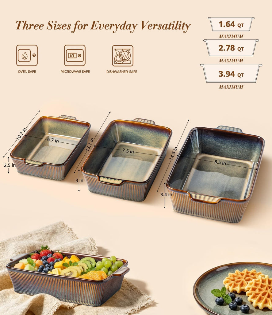 Casserole Dishes for Oven, Ceramic Dish Set of 3 | Deep Rectangular Dishes with Handles, Reactive Glaze Bakeware Set