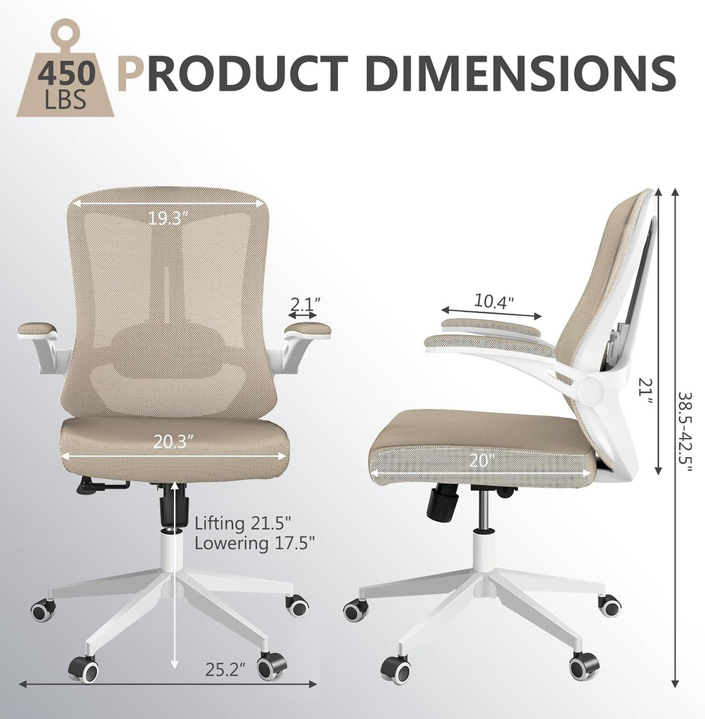 Ergonomic with Lumbar Support, High Back Mesh Desk Chair with Flip-Up Arms, Adjustable Computer Task Chair, Khaki
