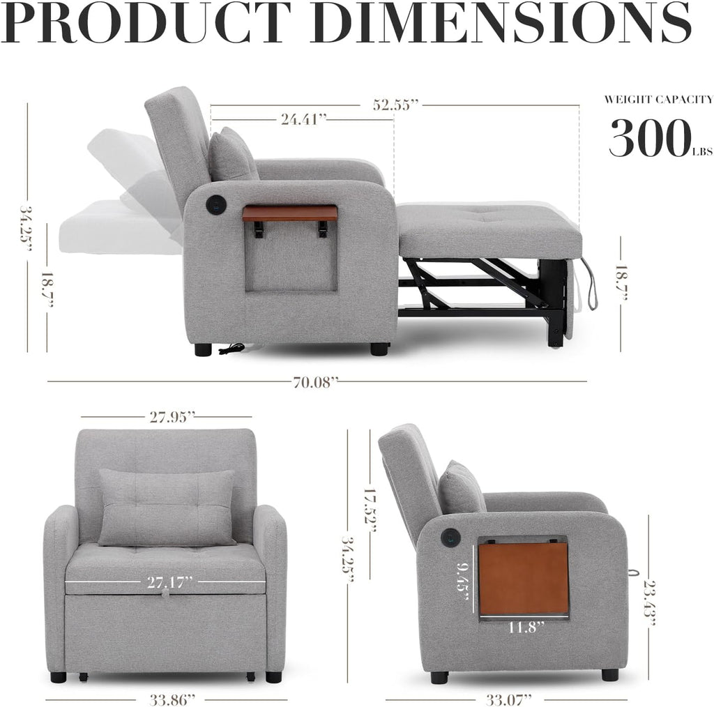 Convertible Sleeper Chair-Fabric Futon Sofa Bed, Single Sleeper Sofa, Small Couch Bed with USB Port, Foldable Table