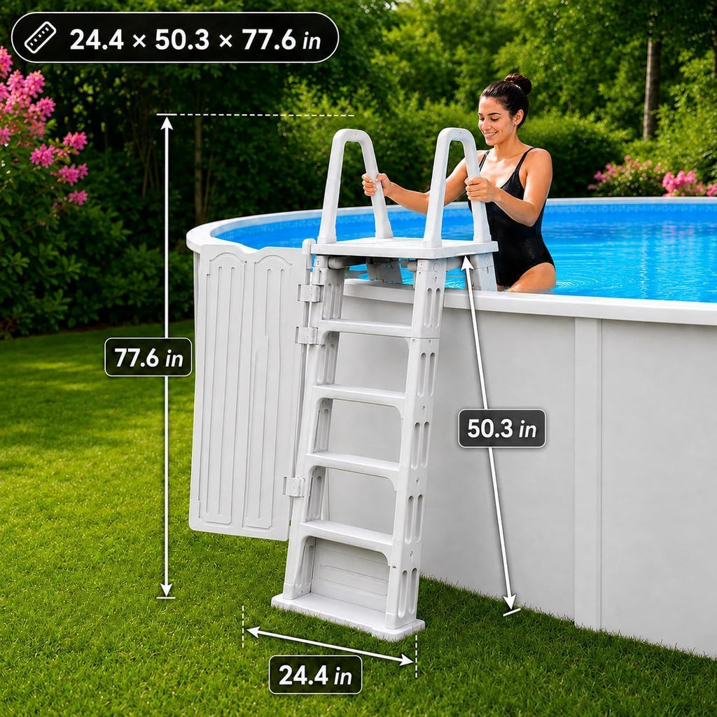Above Ground Pool Ladder & Step System with Lockable Safety Gate, Adjustable Height, Wide Non-Slip Steps, Heavy-Duty