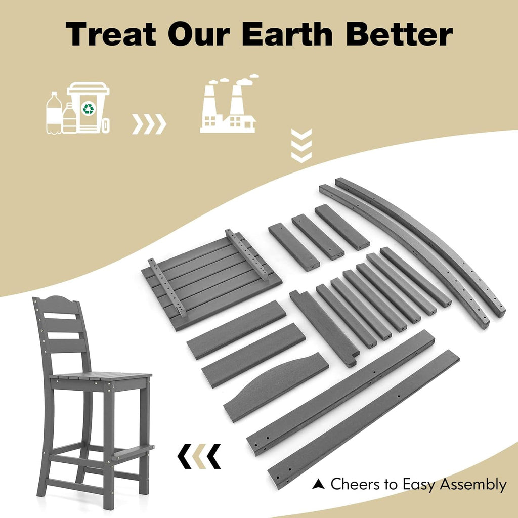 Outdoor HDPE Bar Stool, Patio Tall Bar Chair with Backrest and Footrest, 30 Inches Counter Height Barstools, Weather