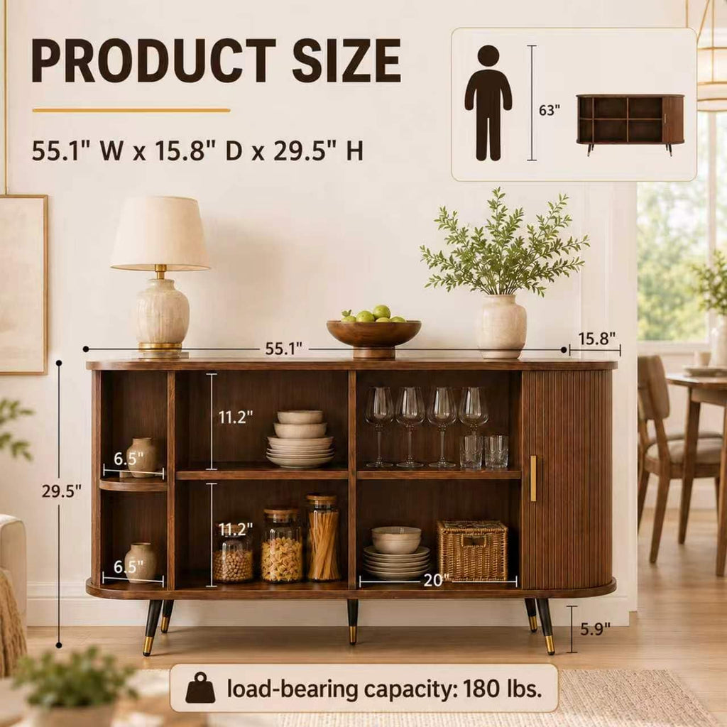 55" Sideboard Cabinet, Fluted Credenzas, Walnut