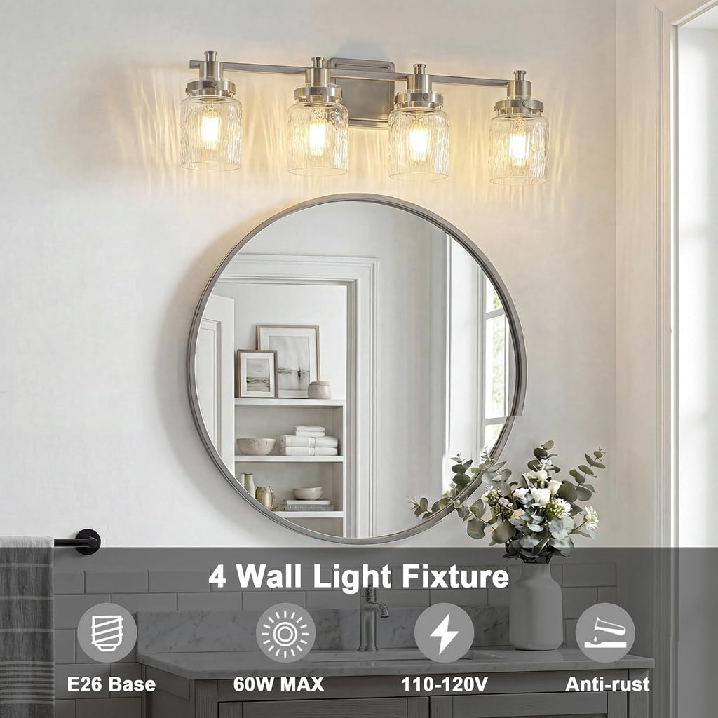 4 Lights Bathroom Light Fixtures Farmhouse Brushed Nickel Vanity Lights Lighting Fixtures Over Mirror with Hammered