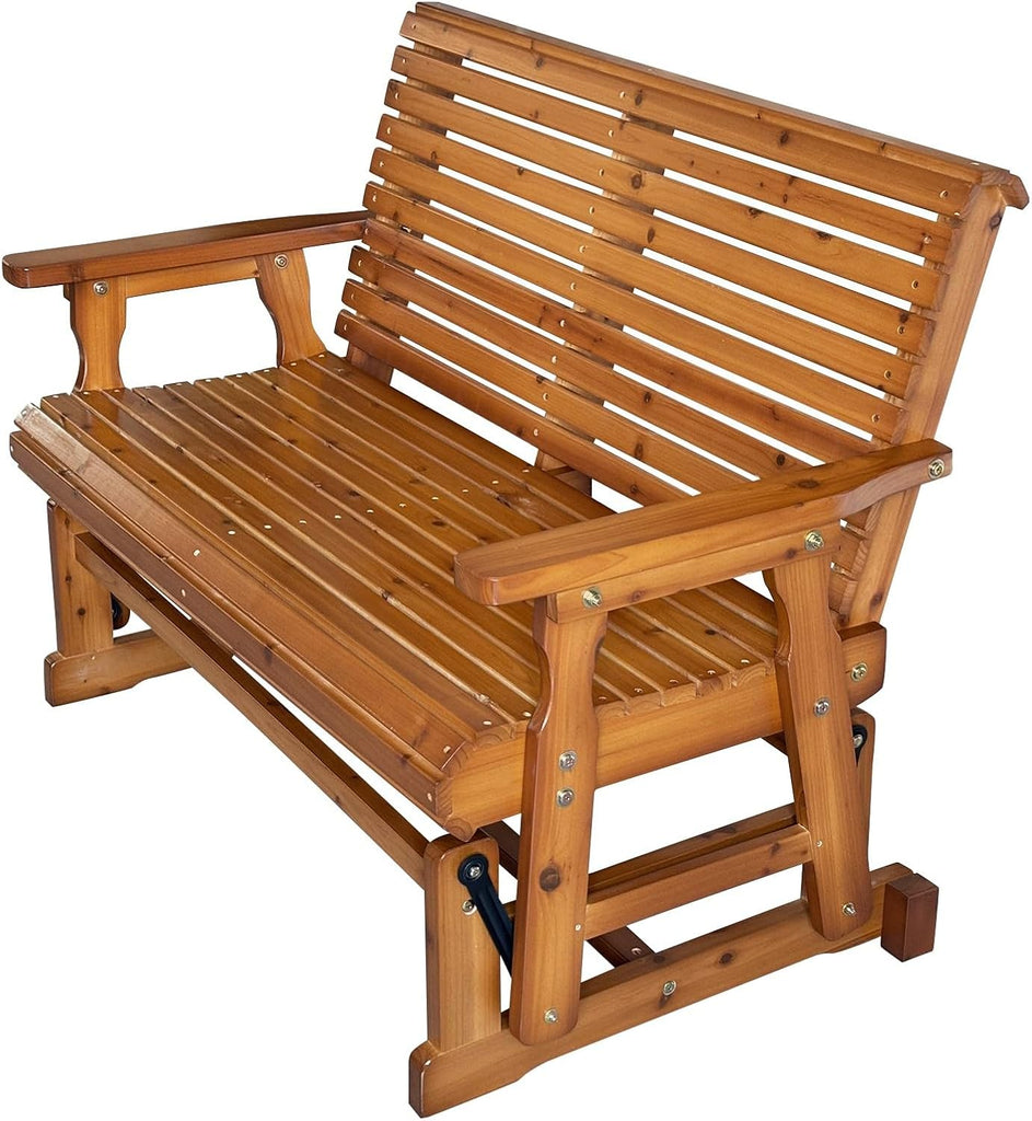 Wooden Patio Glider with High Roll Back and Deep Contoured Seat, Solid Fir Wood, 2-Seater, Heavy Duty 800 LBS, 4 Ft.
