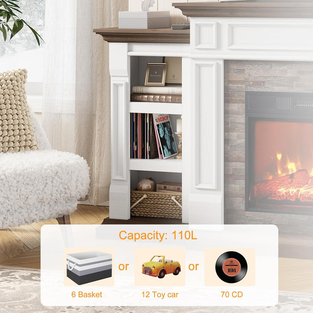 72" Electric Fireplace with Mantel and Cabinets, Fireplace TV Stand for Living Room Bedroom, Stacked Stone Surround