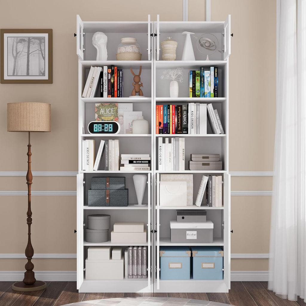 85.5 Inch Tall Bookshelf with Doors - 7 Tier Bookcase with Glass Doors and Drawer, 23.6" Wide Storage Cabinet with