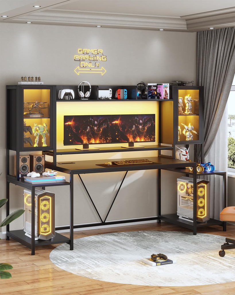 Gaming Desk 75'' with LED Lights, Hutch and Storage Shelves, Black | Computer Desk with Monitor Stand, Large PC Gamer