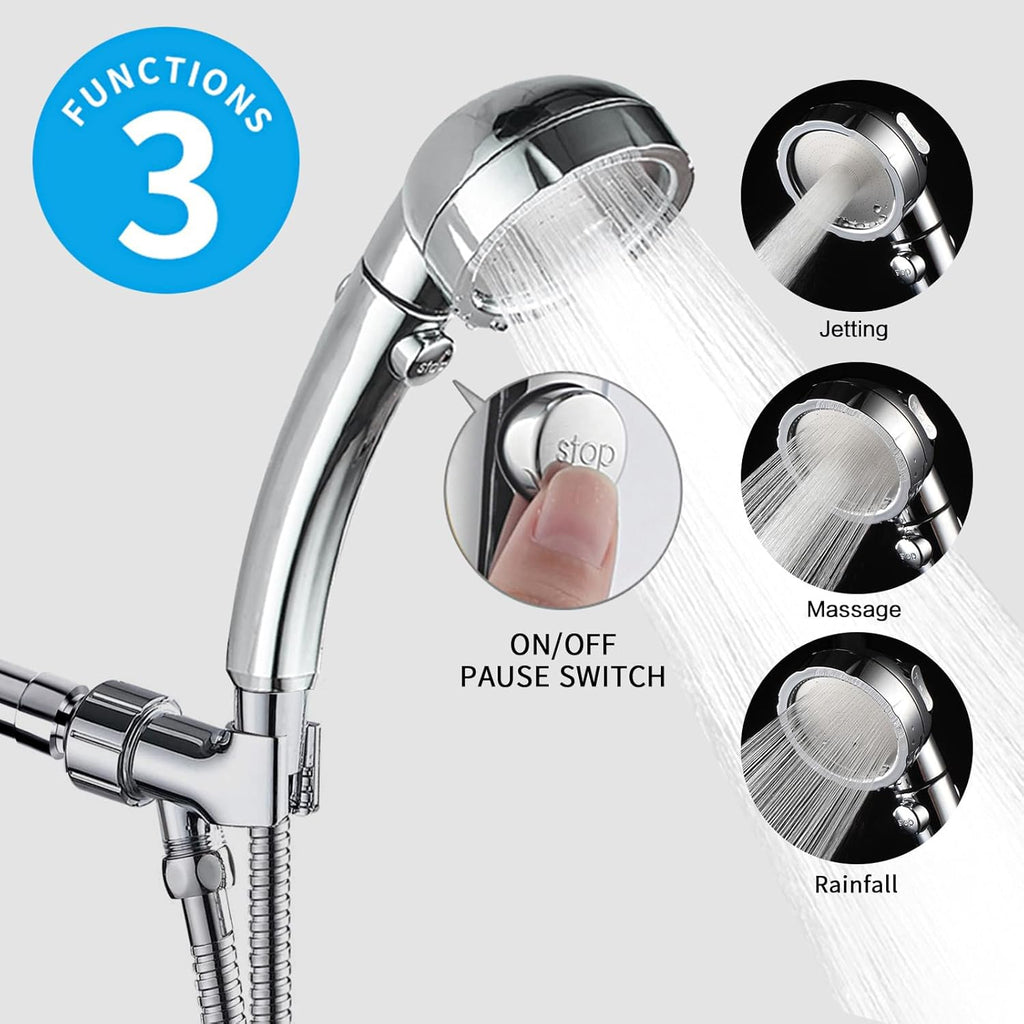 Chrome High Pressure Handheld Shower Head with ON/OFF Pause Switch, 3 Spray Modes Shower Wand with Shut Off Button