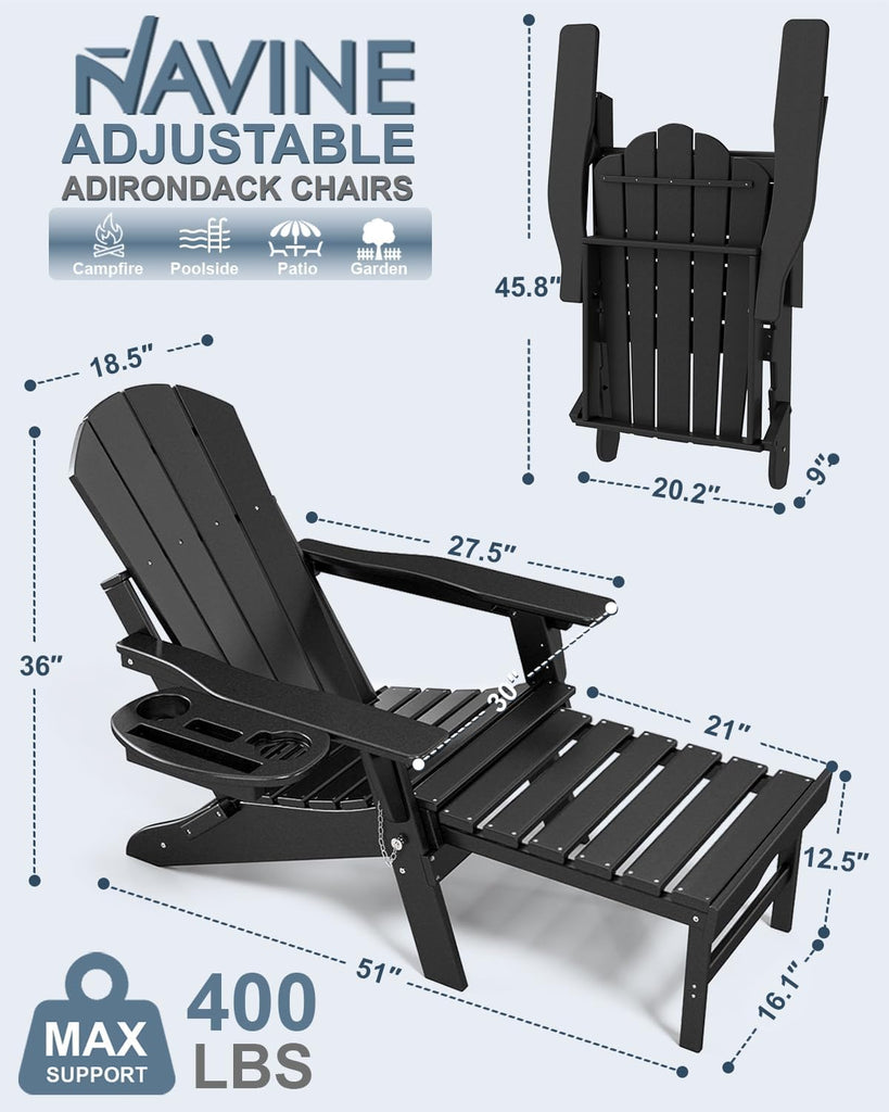 Adjustable Adirondack Chair Set of 2 with Retractable Ottoman, Black | Folding HDPE Chair with Multifunctional Cup