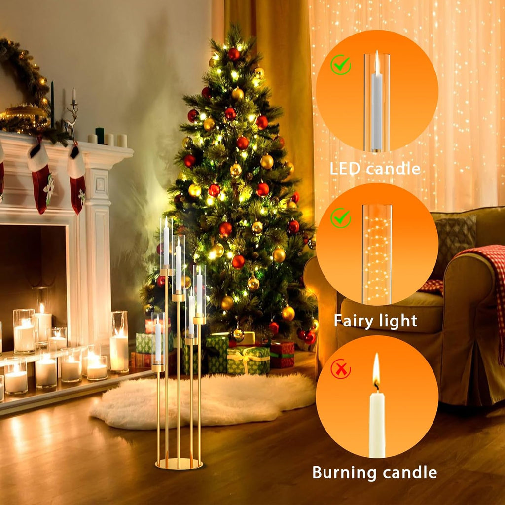 5 Arms Gold Floor Candelabra 42.5'' Floor Candle Holdersor Tall Metal Candlestick Set with Acrylic Lampshades