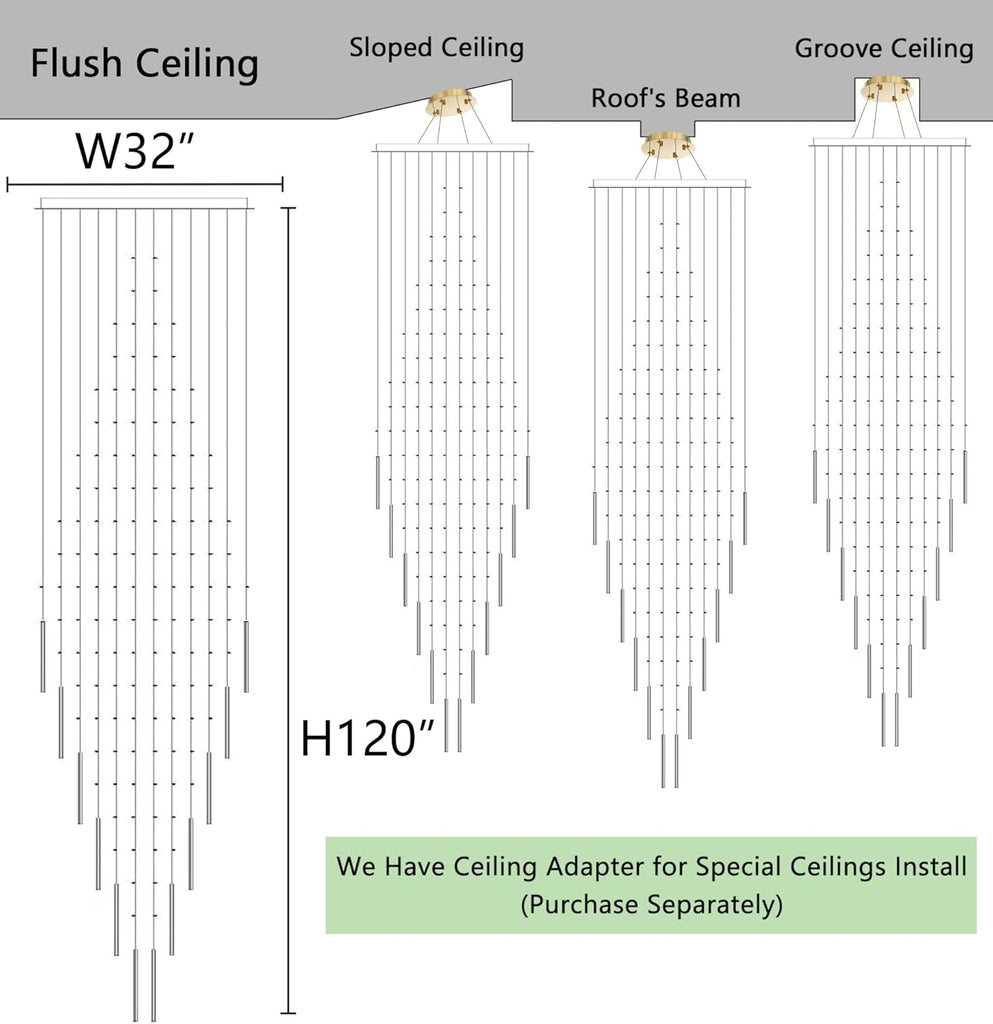 W32 x H120 Glam Chandelier with LED Bulbs Crystal Raindrop High Ceiling Pendant Light for Entrance Large Villa Chandelier Foyer Lighting Fixtures Gold