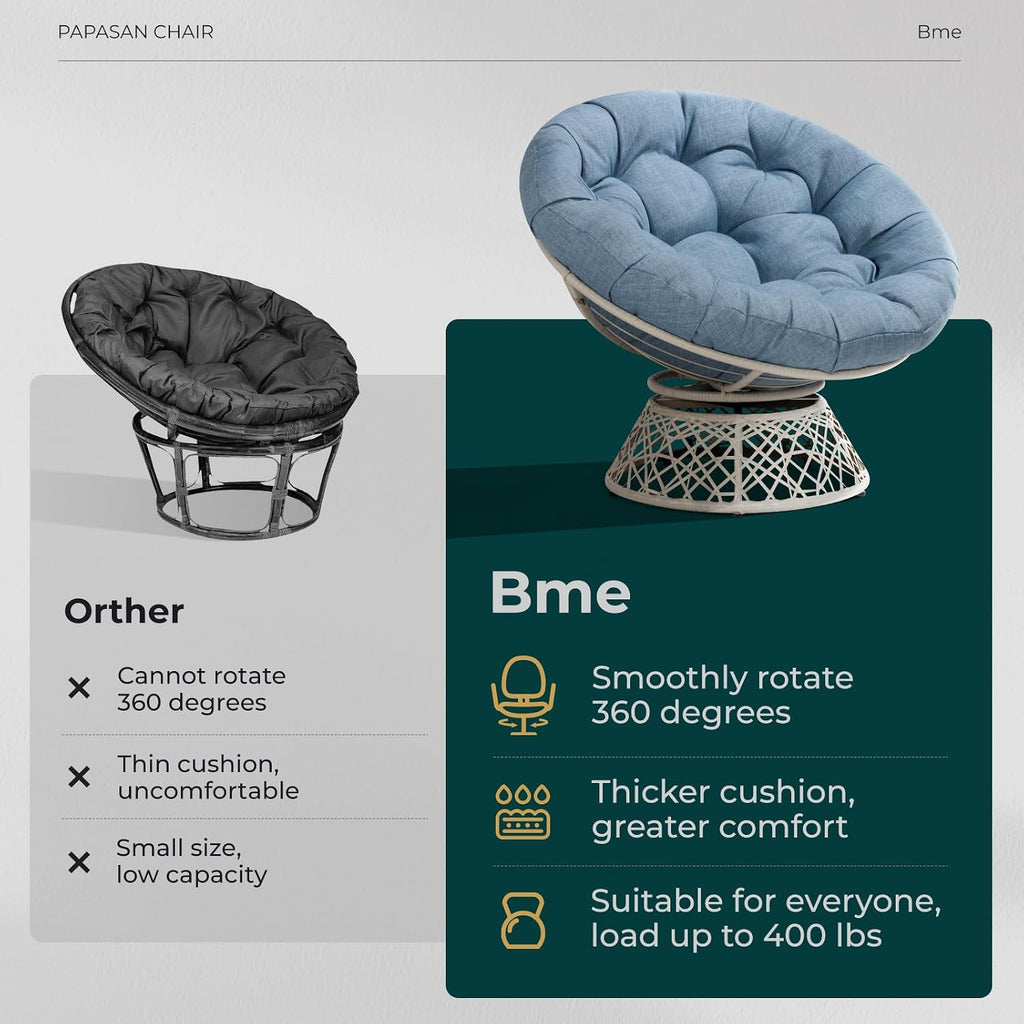 40" Ergonomic Wicker Papasan Chair with Soft Thick Density Fabric Cushion, High Capacity Steel Frame, 360 Degree