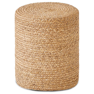 14inch Natural Water Hyacinth Round Pouf Ottomans Wood Frame Rattan Stool