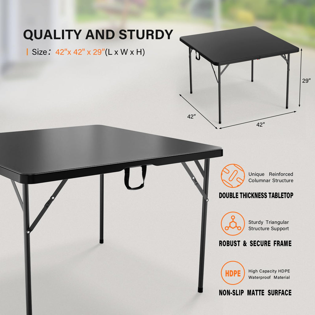 42" Fold in Half Square Table, Bi-Folding Commercial Portable Plastic Dining Table Outdoor Party Wedding Event, Black