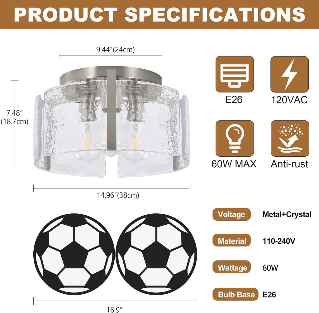 Brushed Nickel 3-Light Semi Flush Mount Ceiling Light, 15'' Modern Dimmable Hallway Fixture with Hammered Glass