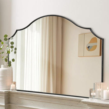 Black Scalloped Wall Mirror: 40"x29" Large Modern Wooden Arched Dresser Mirror - Minimalist Fireplace Mirrors