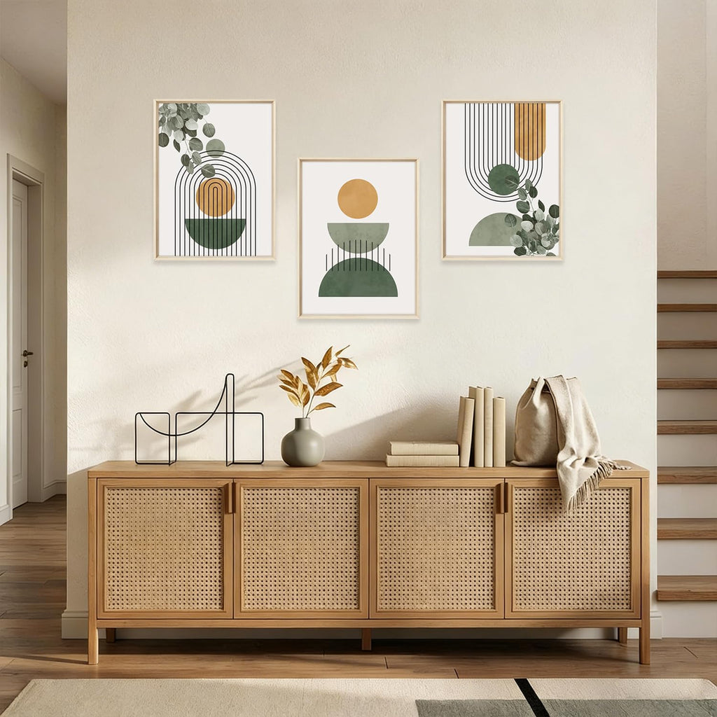 Boho Sage Green Leaves Framed Canvas Wall Art Set,Abstract Mid Century Geometric Arch Line Circle Decor,Modern