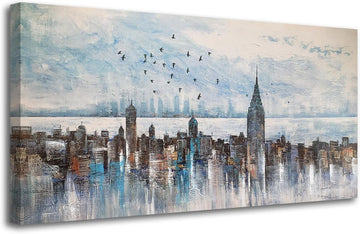 Cityscape Wall Art New York City Skyline Canvas Picture Living Room, Modern Abstract Grey NYC Painting Framed Artwork