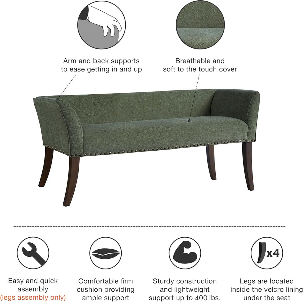 Accent Bench, Plush Upholstered, Nailhead Trim, & Padded Seat Entryway Bench Small, End of Bed Bench with Back, 49.5"