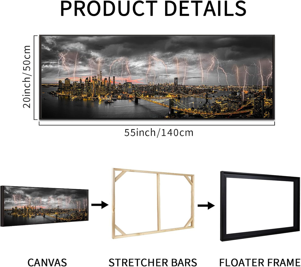New York City Skyline Lightning Night View Canvas Prints with Black Floater Frame 20x55 Inch Wide Panoramic Wall Art