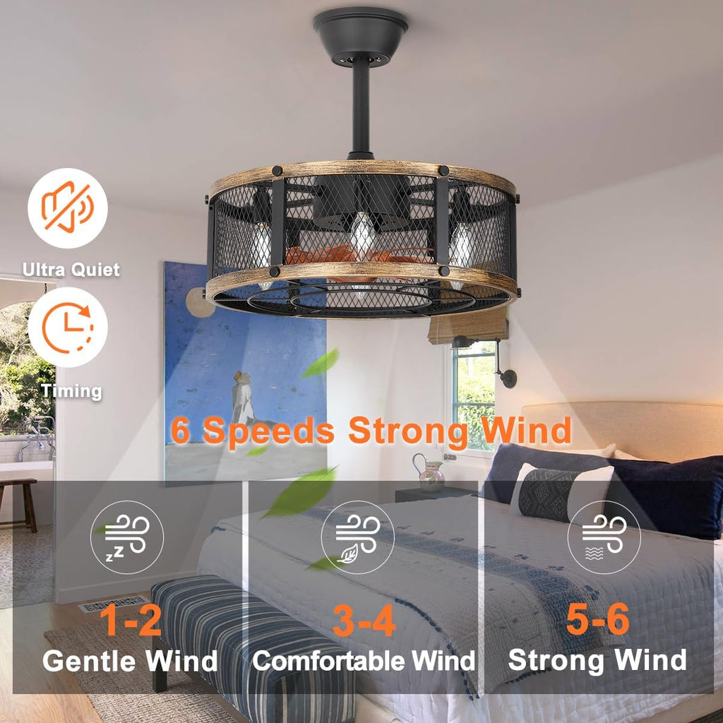 19" Farmhouse Caged Ceiling Fan with Light, 6-Lights, Rustic Ceiling Fans with Lights and Remote, Bladeless Ceiling Fan with Light for Kitchen, Living Room
