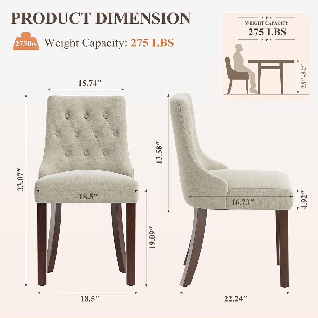 Upholstered Dining Chairs Set of 2, Wingback Dining Room Chairs with Tufted Button, Fabric Dining Chairs with Solid