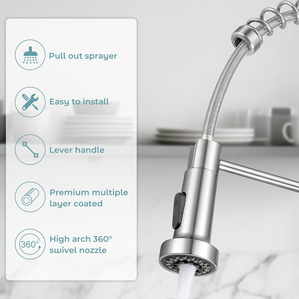 Kitchen Faucet with Pull Down Sprayer,Commercial Single Handle Stainless Steel Kitchen Faucets with Deck Plate (Brush
