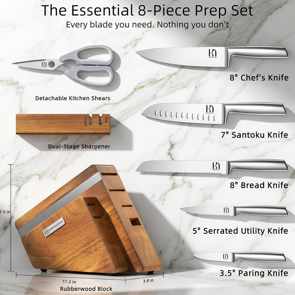 Kitchen Knife Set with Block and Detachable Sharpener | 8-Piece High Carbon Stainless Steel Knife Block Set, Fully