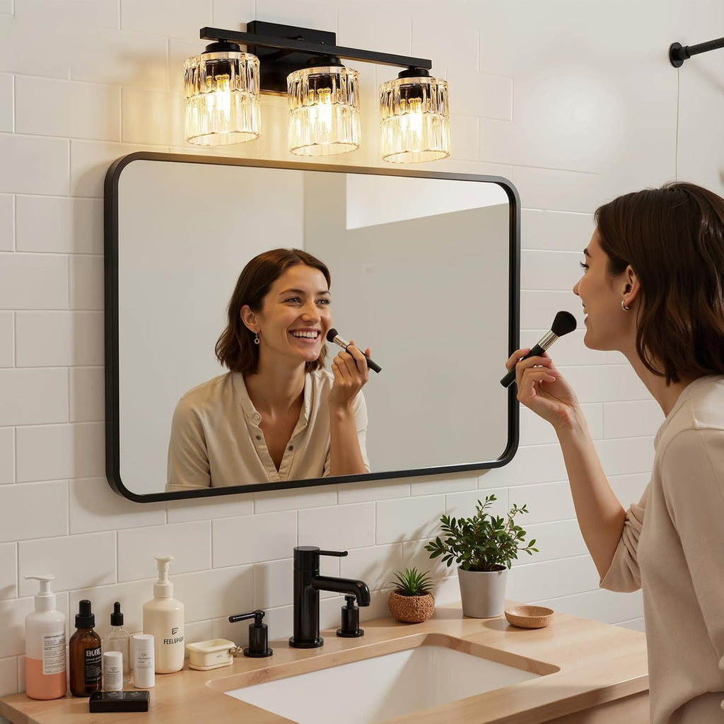 Black 3-Light Bathroom Vanity Light with Fluted Cylinder Glass Shade | Modern Vanity Lighting Fixtures, Bathroom