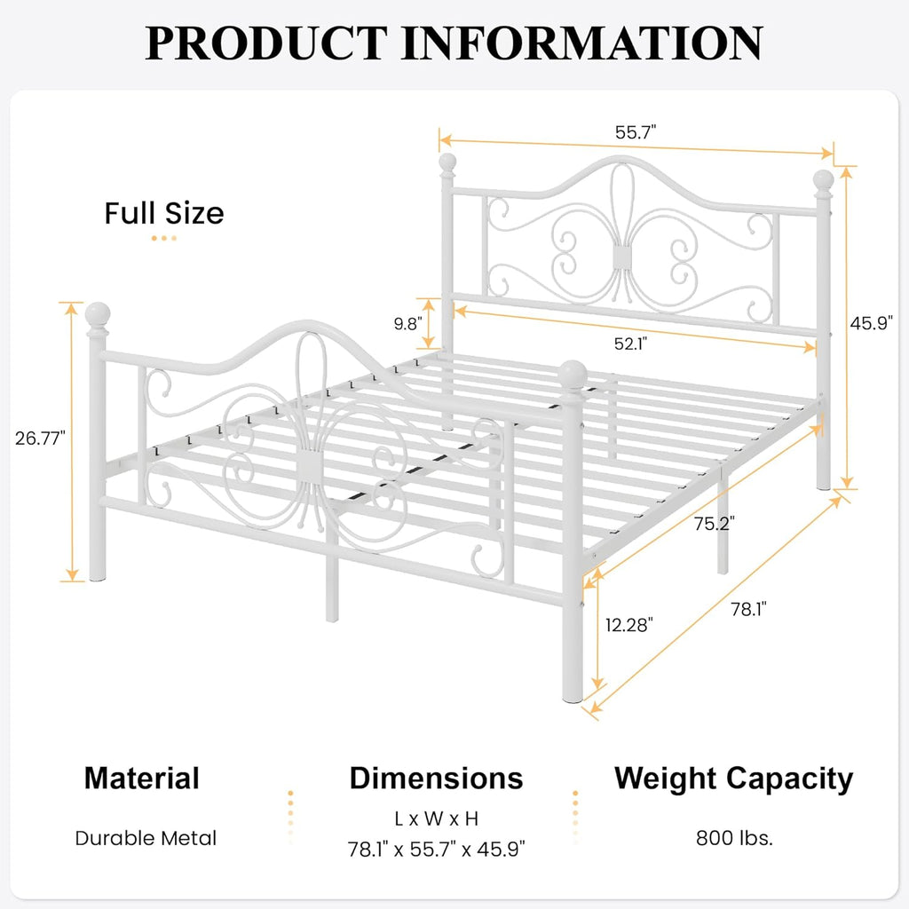 Full Bed Frame with Headboard,Metal Bed Frame with Butterfly Pattern Design Headboard & Footboard,No Box Spring