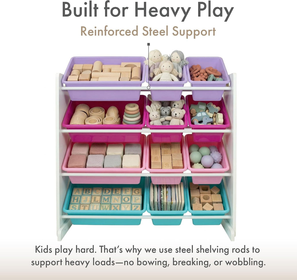 Kids Toy Organizer with 12 Bins, 4 Tier Storage | Sturdy wood and steel toddler shelf, removable BPA-free containers