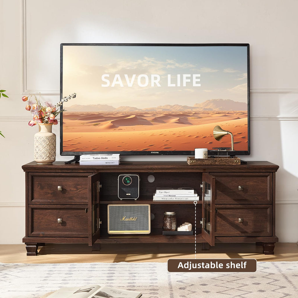 Farmhouse TV Stand with Glass Doors, Walnut