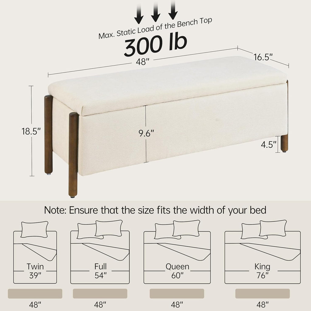 47" Fabric Upholstered End of Bed Storage Ottoman Bench, Beige | Entryway Bench with Storage and Rubberwood Legs
