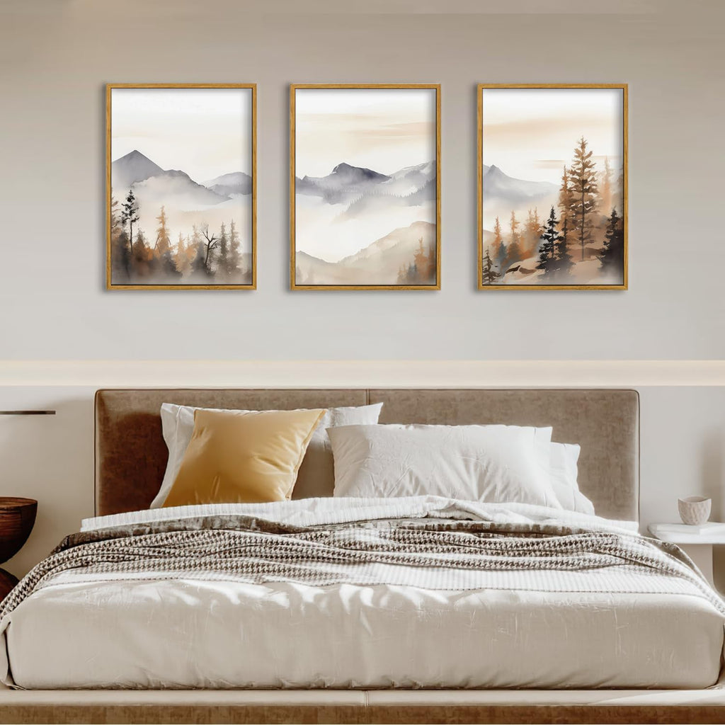 Framed Neutral Mountain Wall Art Forest Landscape Canvas Painting Prints Set of 3 Abstract Nature Watercolor Picture