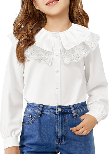 Girls Eyelet Ruffle Collar Blouse Kids Long Sleeve Button Down Shirt Cute Uniform Tops