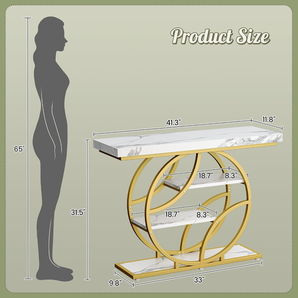 41.3 Inch Entryway Table with Marble Top, Modern Console Sofa Table, Accent Table with Shelves, for Entry, Hallway