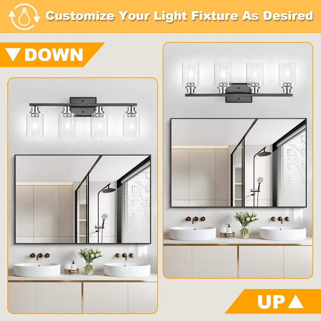 Modern Bathroom Light Fixtures, 4 Light Vanity Lights Over Mirror, Black and Brushed Nickel Wall Lamp with Clear