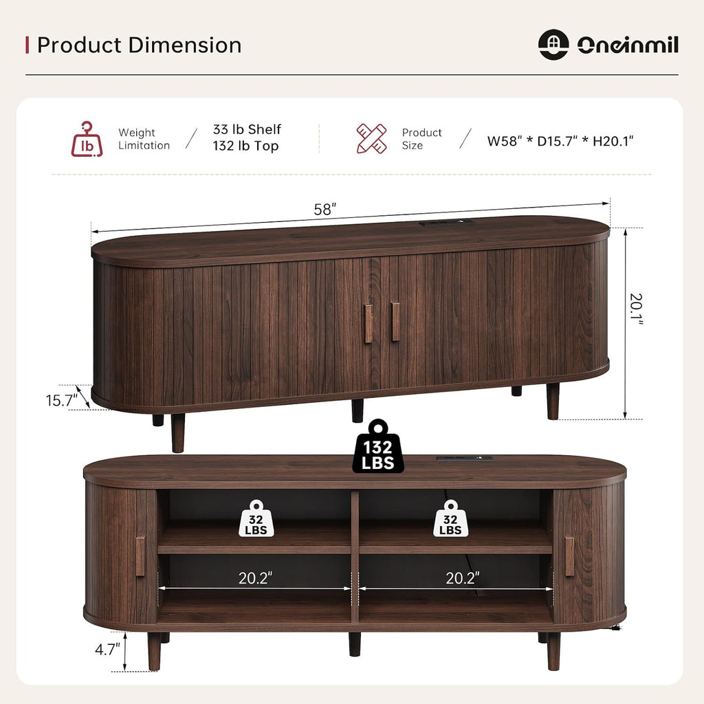 58" Mid Century Modern TV Stand, TV Consoles with Sliding Doors, Wood Entertainment Center with Power Outlet and Adjustable Shelves, Fluted Television Stand for Living Room, Walnut