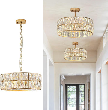 Modern Crystal Chandelier for Dining Room Gold Semi Flush Mount Ceiling Light Fixtures 18" Large Round Crystal