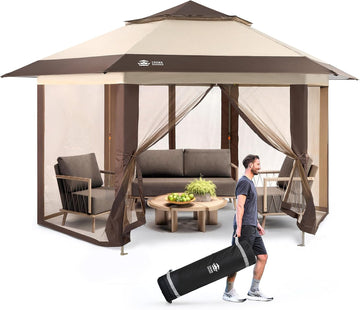 13x13 Pop Up Gazebo with Mosquito Nettings, Beige&Coffee | Portable Gazebo with CENTERLOK