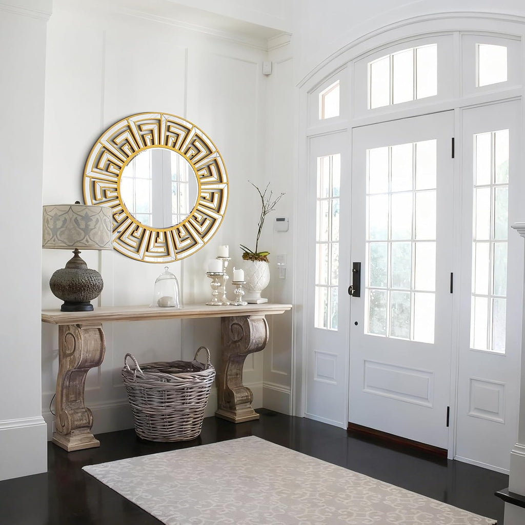 31.5"x31.5" Gold Round Mirror with Decorative Geometric Pattern, Accent Wall Mounted Mirror for Modern Living Room