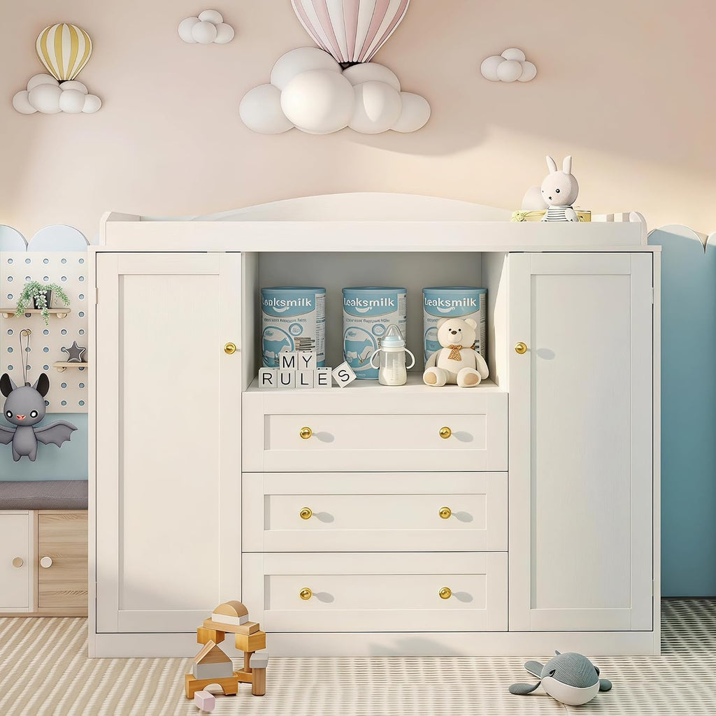 White Changing Table Baby Dresser with Changing Table Top,47'' Wide Kids Nursery Dresser with