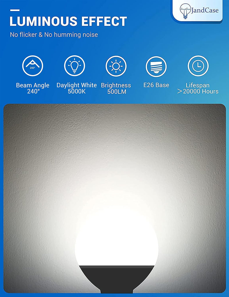 G25 LED Vanity Light Bulbs, Dimmable Globe, 5W(60W Equivalent), E26 Base, CRI 80, Daylight White 5000K, 500LM, UL - Set of 12