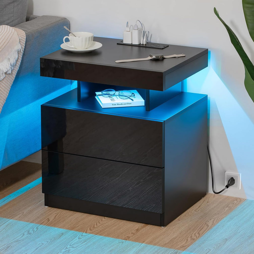 Nightstand with Charging Station and LED Light, Smart Nightstand with USB Port & Wireless Charging, Modern Night