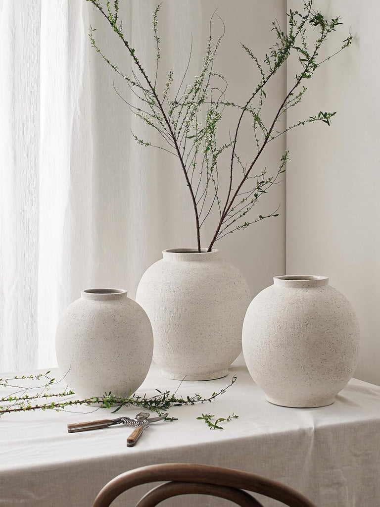 Large White Ceramic Vase - 9.8 Inch Rustic Farmhouse Flower Vase