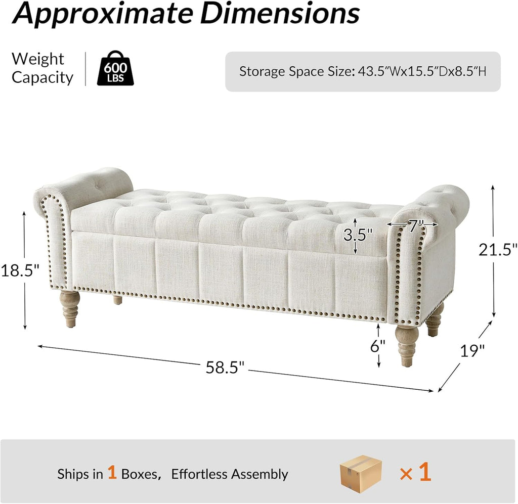 58.5" Long Storage Bench with Rolled Arms & Button Tufted Seat, Upholstered End of Bed Bedroom Benches with Nailhead