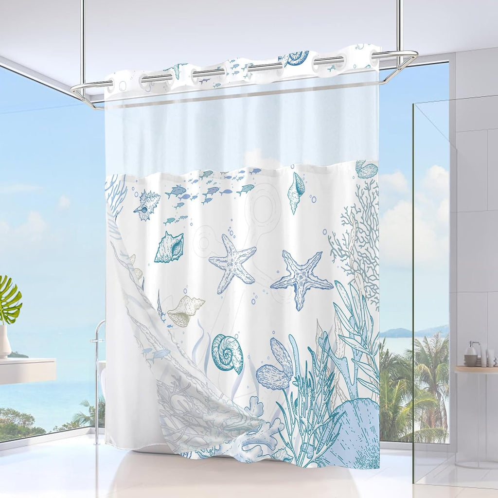 No Hook Shower Curtain and Liner Set , Blue Beach Coastal 71x74 | Nautical Ocean Design, with Snap in Liner