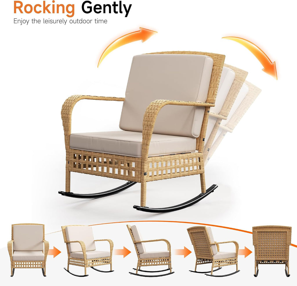 Outdoor Rocking Chair Set, 3-Piece Wicker Patio Furniture | Elegant Wicker Style | Comfortable Cushions | Stable